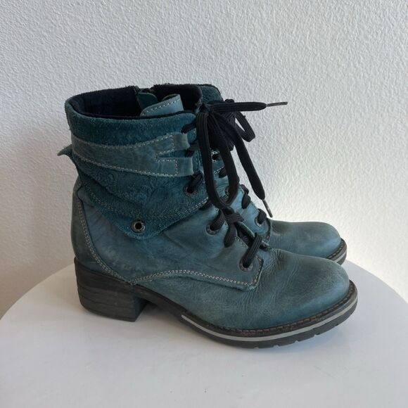 Dromedaris Kara Combat Boots Lace Up Teal Distressed Leather 37  Women's 7 - Picture 1 of 7